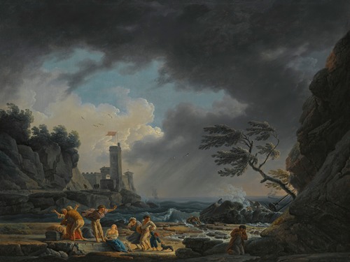 A Stormy Coastal Scene With Figures On A Beach Having Escaped A Shipwreck Engraved By Klauber