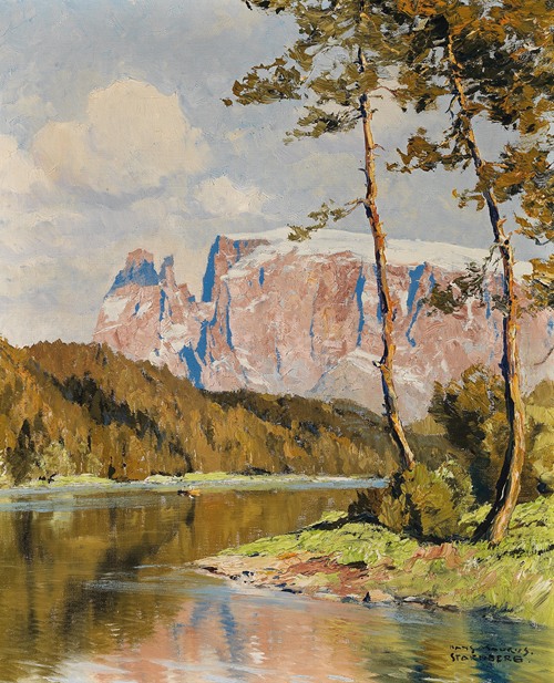 Gebirgslandschaft, gerahmter Druck, Hans Maurus (?), 43 x 33 cm in  Obergiesing-Fasangarten - Obergiesing