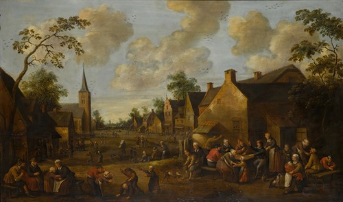 A village street scene with children playing in the foreground and figures drinking