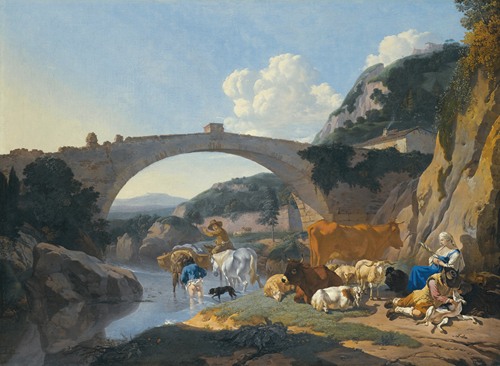 Italianate Landscape With Herders And Animals Resting By A River Under A Bridge