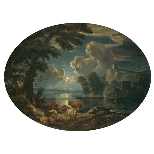 A Moonlit Scene With A Shepherd And Shepherdess Resting With Their Herd Beside A Lake