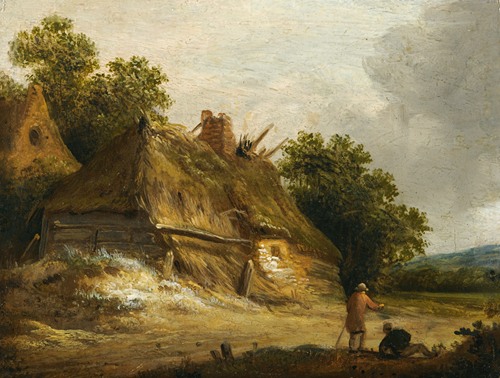 Three Figures Passing Along A Road Before A Cottage; Two Figures Passing Along A Road Before A Cottage