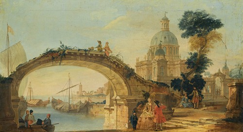 A Capriccio View With A Footbridge Over A River, A Large Cathedral In The Background
