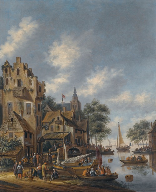 A Town On The Banks Of A River With Figures At The Waterside