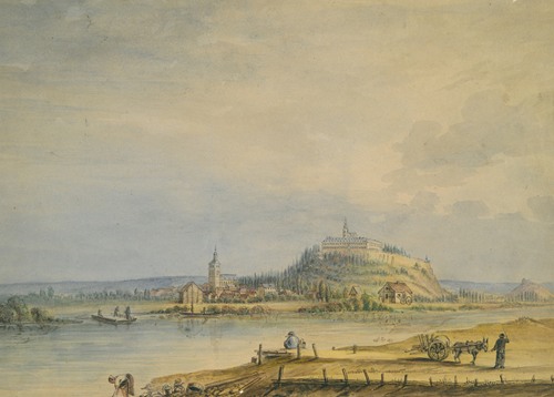 River Scene with Town, Castle on Hill and Laboring Peasants
