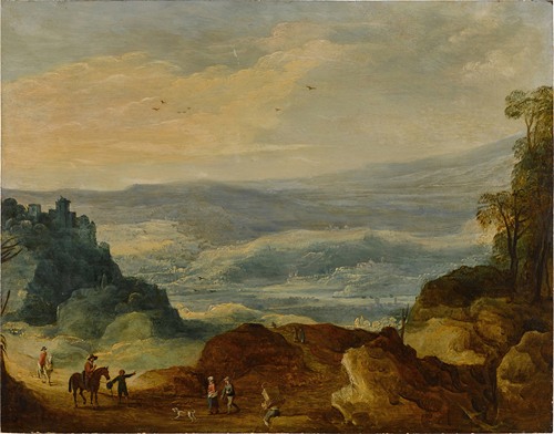 An extensive river landscape with peasants and horsemen in the foreground