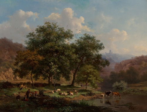 A summer landscape with figures resting with their flock beside a river where cattle are watering