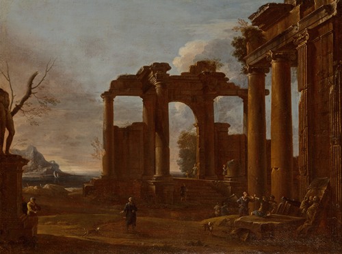 Two classical temples in ruins with statue, bas-relief and figures