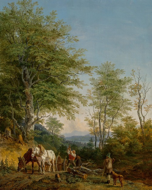 An Italianate wooded landscape with a woodcutter and his team of horses and a passerby with his dog (1830)