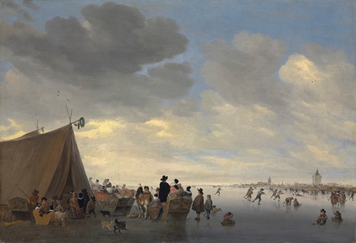 Skaters on the frozen river Lek, the town of Vianen beyond