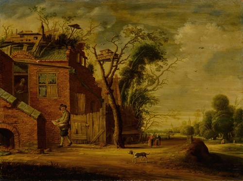 Country landscape with a hennetaster before a cottage with dovecote