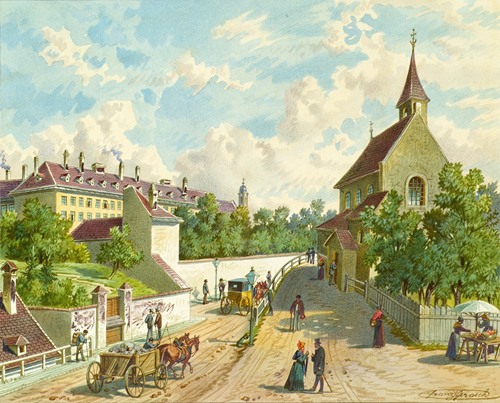 Die Währinger Straße in Wien mit dem Versorgungshaus ‘Zum Blauen Herrgott’ und der ‘Krawoten-Kapelle’