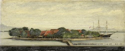 Gezicht op het eiland Kuiper in de baai van Batavia