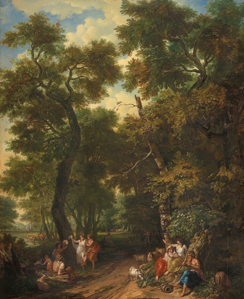 Arcadisch landschap met musicerende en dansende herders