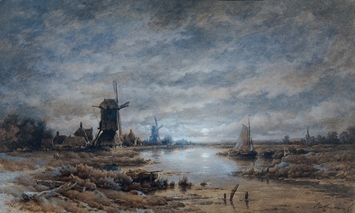Mondnacht (Kanallandschaft mit Windmühlen und Schiffen)