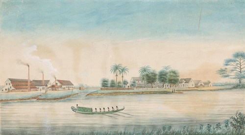 Gezicht op de suikerplantage Catharina Sophia vanaf het water