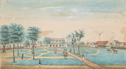 Gezicht op de suikerplantage Catharina Sophia