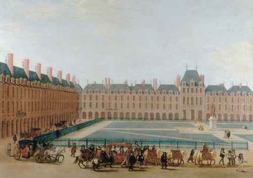 La place Royale, vers 1660 ; passage du carrosse du roi. Actuelle place des Vosges, actuel 4ème arrondissement