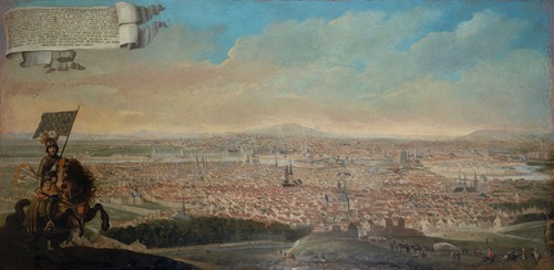 Vue cavalière de Paris avec le portrait équestre de Pépin des Essarts