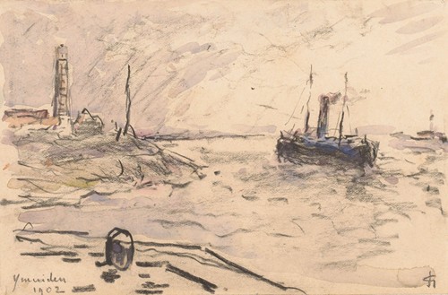 Gezicht op de kust van IJmuiden met vuurtoren en schip