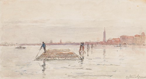 Gezicht op Venetië vanaf het water, met op de voorgrond in het water een houten vlot