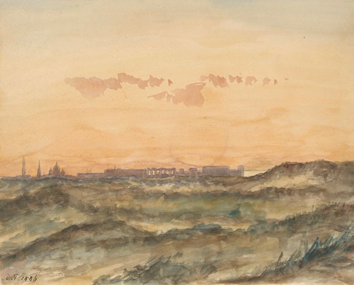 Landschap met in de verte het silhouet van een stad