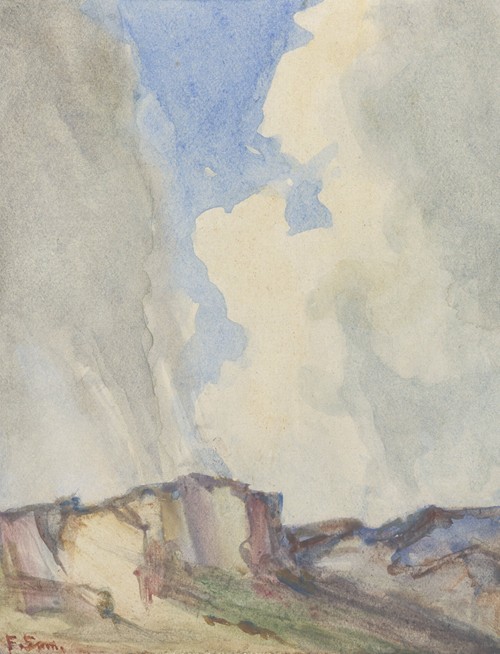 Duinlandschap met zandafgraving onder stormachtige lucht