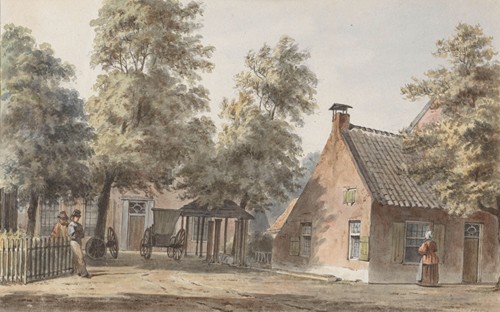 Dorpsgezicht met links twee mannen leunend tegen een hekwerk