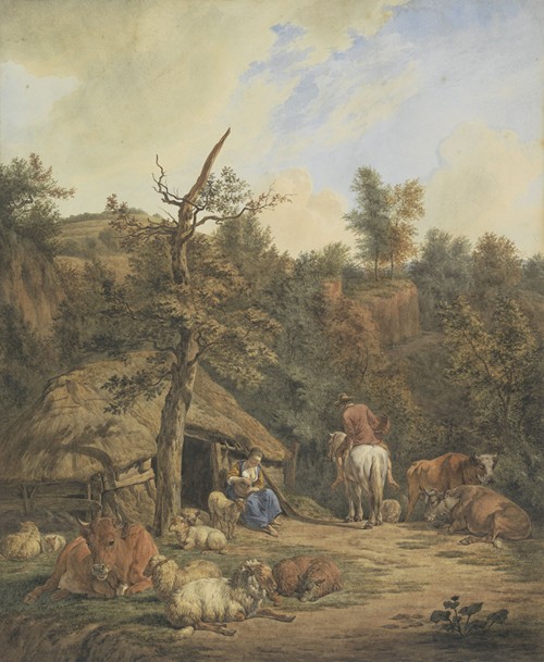 Herder, herderin en vee rustend voor een vervallen stal, after Adriaen van de Velde