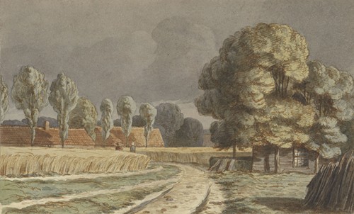 Korenveld tussen huizen onder een dreigende onweerslucht te Hilversum
