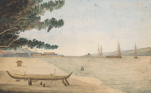 Gezicht op een Nederlandse nederzetting met fort en haven in Indonesië (1845)