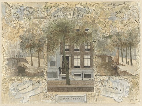 Huis op de Leliegracht, geflankeerd door de bruggen over de Prinsengracht en de Keizersgracht