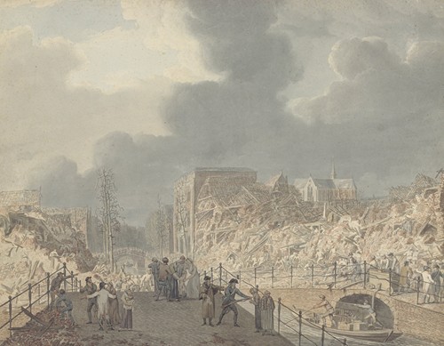 Gezicht op de ruïnes op het Rapenburg te Leiden na de ontploffing van het kruitschip op 12 januari 1807