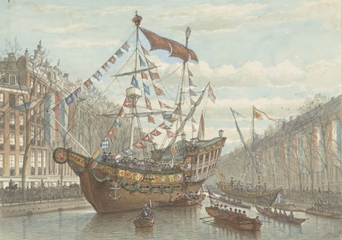 Versieringen op de Herengracht ter gelegenheid van de Aprilfeesten 1887