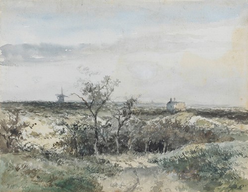 Gezicht op het Dekkersduin, met oude gasfabriek en molen in het verschiet