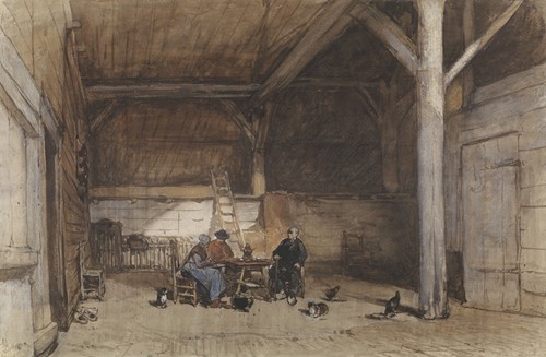 Boereninterieur met twee mannen en een vrouw aan een tafel, verder enkele kippen en katten