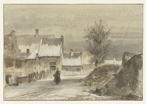 Wintergezicht met vrouw staand op het ijs