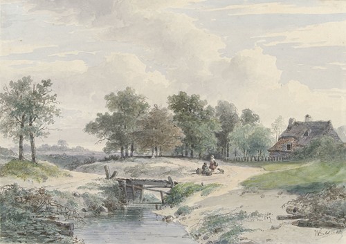 Landschap met bruggetje en figuren voor een boerderij