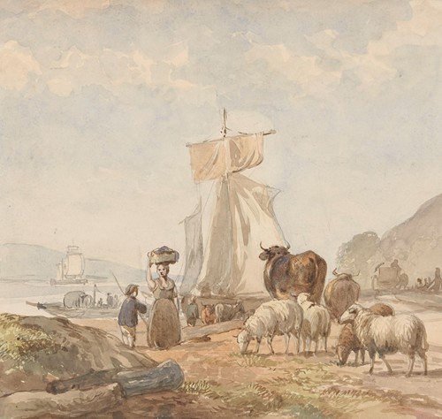 Figuren met vee bij rivieroever met veerboot