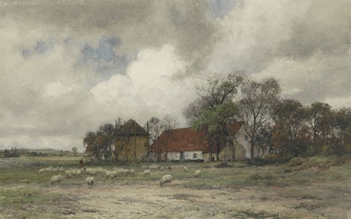 Landschap met boerderij en herder met schapen