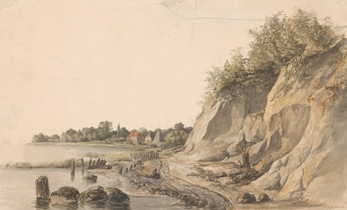 Rotsachtige rivieroever, met op de achtergrond enkele huizen