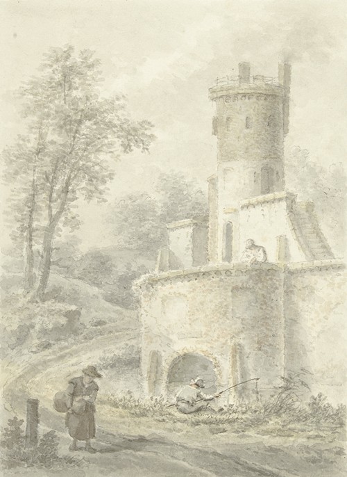 Landschap met hengelaar en wandelende vrouw bij een vestingtoren