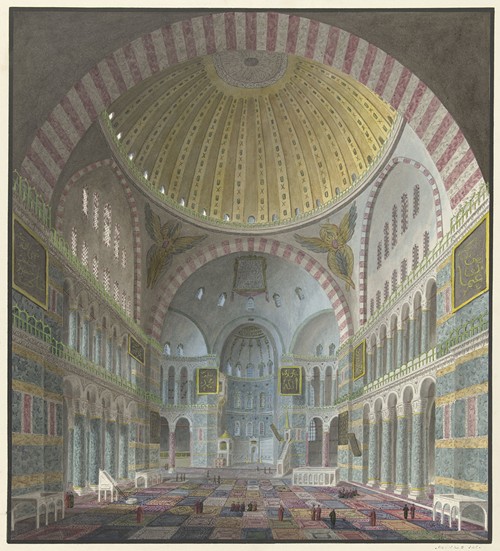 Interieur van de Aya Sophia met geknielde en staande Turken