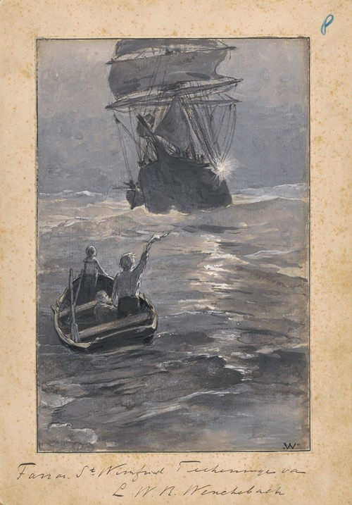 Jongens seinen naar een schip vanaf een zinkende roeiboot