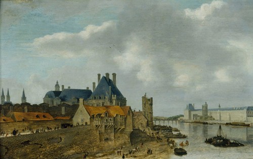Le quartier du Petit Nesle avec l’Hôtel de Nevers, la tour de Nesle, la Grande Galerie du Louvre et le pont Royal (en bois), vus du Pont-Neuf.