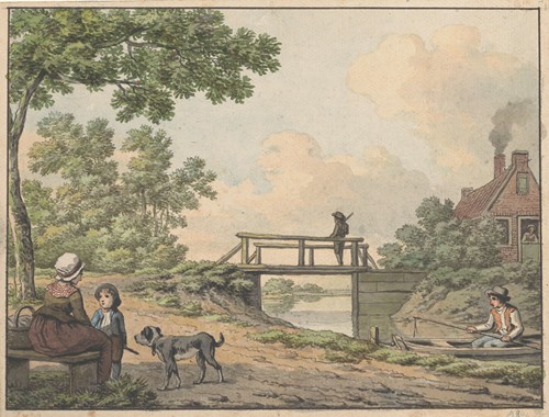 Landschap met figuren en een bruggetje bij een boerenwoning