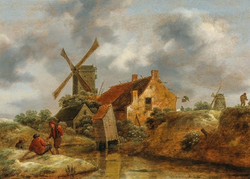 A dune landscape with peasants by a farmhouse and windmills