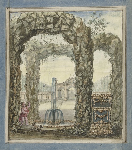 Ontwerp voor een kamerbeschildering met stenen bogen met een fontein en zicht op een tuin