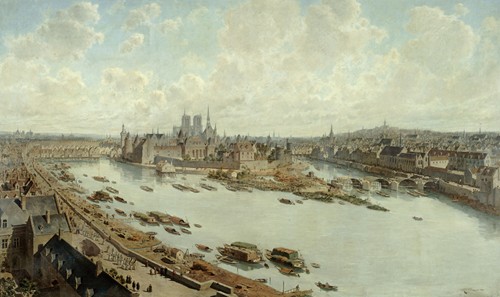 Vue panoramique de Paris en 1588, depuis les toits du Louvre, avec le Pont-Neuf en construction