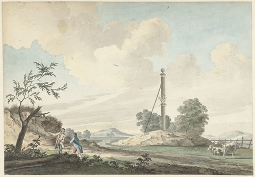 Landschap bij de duinen met een mijlpaal en twee wandelaars